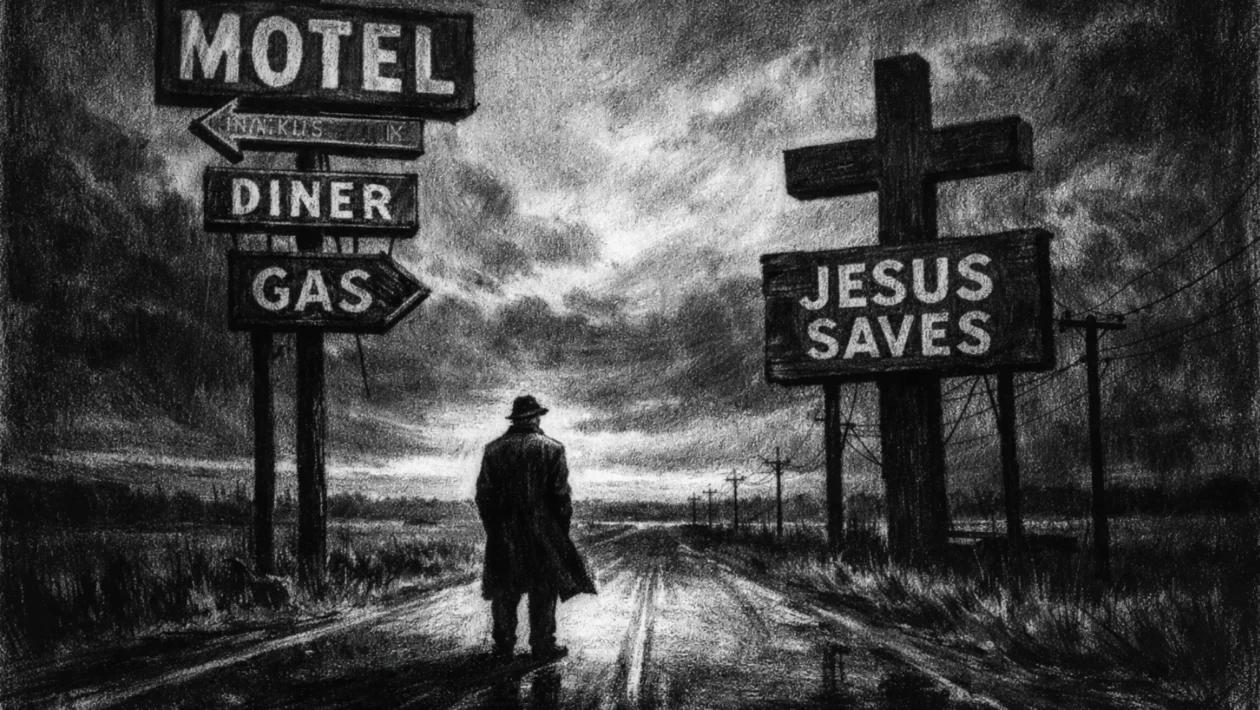 Cinematična poster scena s usamljenom figurom uz cestu i znakove, snažne sjene i sumorna atmosfera, charcoal film noir stil u crno-bijeloj tehnici