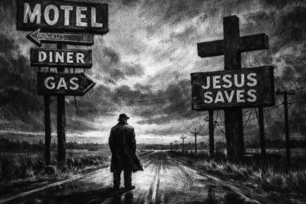 Cinematična poster scena s usamljenom figurom uz cestu i znakove, snažne sjene i sumorna atmosfera, charcoal film noir stil u crno-bijeloj tehnici
