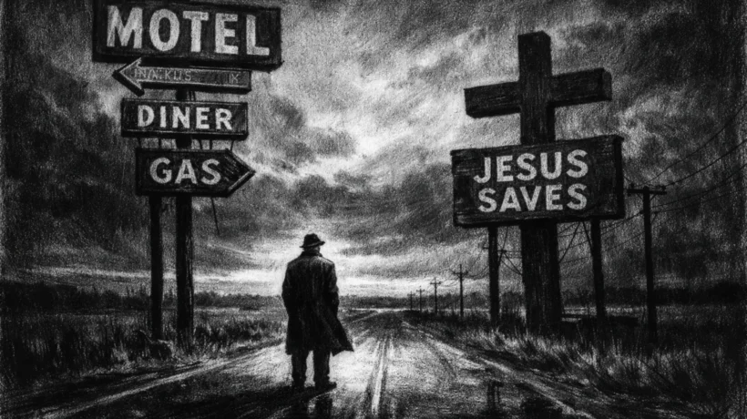 Cinematična poster scena s usamljenom figurom uz cestu i znakove, snažne sjene i sumorna atmosfera, charcoal film noir stil u crno-bijeloj tehnici