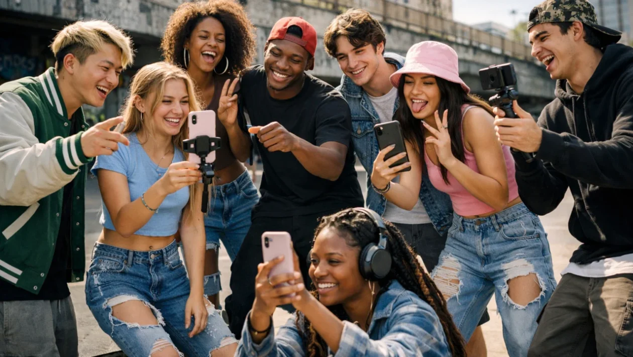 Mladi snimaju TikTok izazove i druže se, prikaz socijalne dinamike mladih