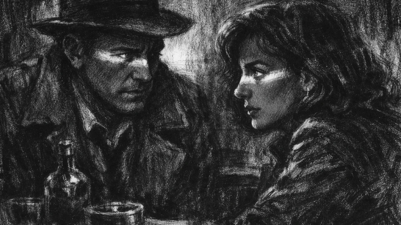 Intimna scena razgovora u charcoal film noir stilu, crno-bijela slika s jakim sjenama i emotivnom napetošću.