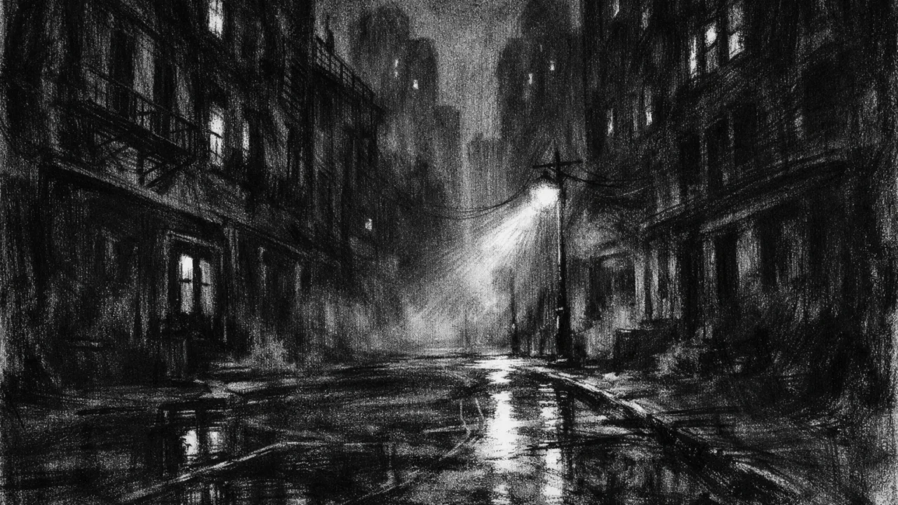 Prazna urbana ulica u charcoal film noir stilu, crno-bijeli kontrasti, magla i osjećaj izolacije.