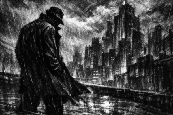 Herojski kadar u charcoal film noir stilu, crno-bijeli kontrast, usamljena figura na krovu grada, duboke sjene i teška atmosfera.
