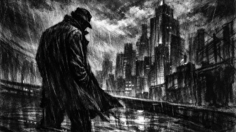 Herojski kadar u charcoal film noir stilu, crno-bijeli kontrast, usamljena figura na krovu grada, duboke sjene i teška atmosfera.