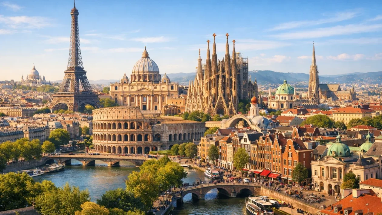 Panoramski prikaz najpopularnijih europskih gradova za putovanja 2026. godine