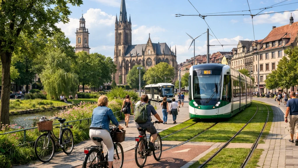Održivi turizam u europskom gradu s biciklima i zelenim površinama