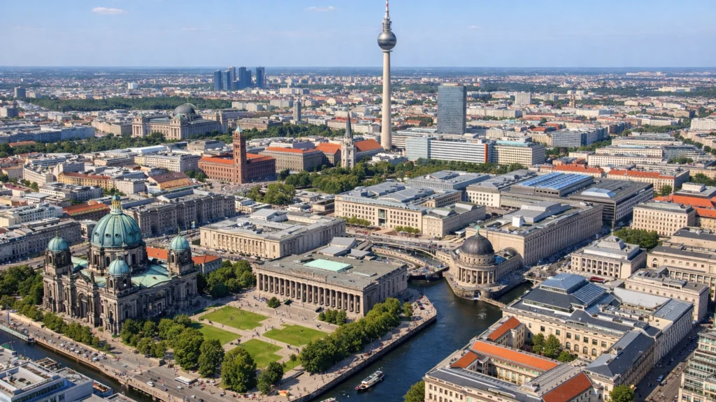 Zračni pogled europskog grada s naglaskom na kulturnu infrastrukturu