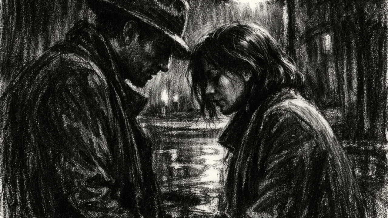 Dramatična scena razgovora u charcoal film noir stilu, snažan kontrast svjetla i sjene, crno-bijela emotivna atmosfera