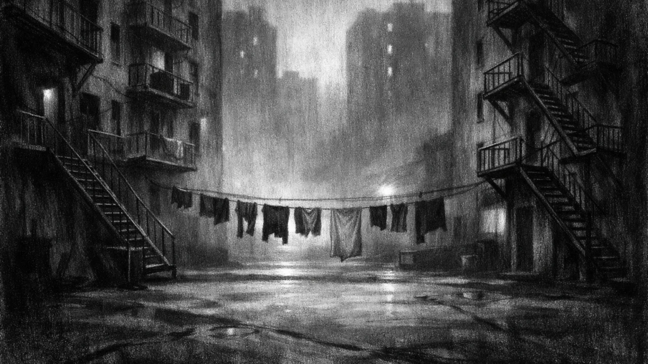 Atmosferski ambijent praznog dvorišta u charcoal film noir stilu, crno-bijeli prikaz s naglašenim sjenama i melankolijom