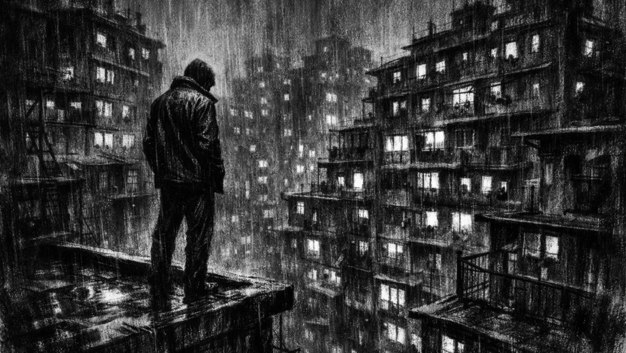 Filmski poster u charcoal film noir stilu, crno-bijeli prizor urbanog naselja s dubokim sjenama i turobnom atmosferom