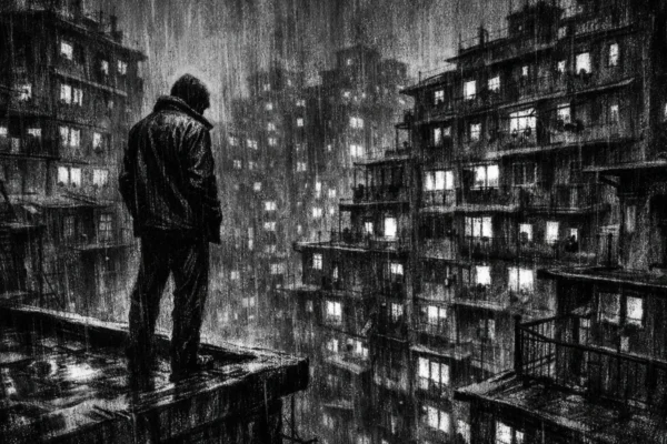 Filmski poster u charcoal film noir stilu, crno-bijeli prizor urbanog naselja s dubokim sjenama i turobnom atmosferom