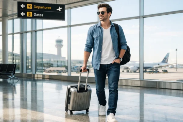 Putnik u zračnoj luci s malim ručnim koferom – moderno i praktično putovanje
