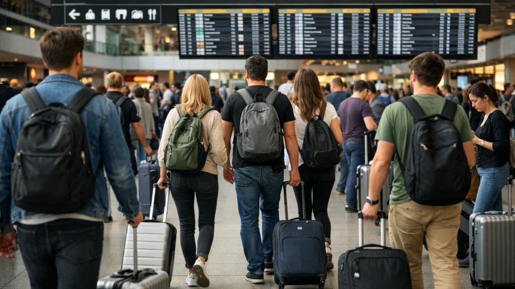 Putnici u europskoj zračnoj luci s ručnom prtljagom