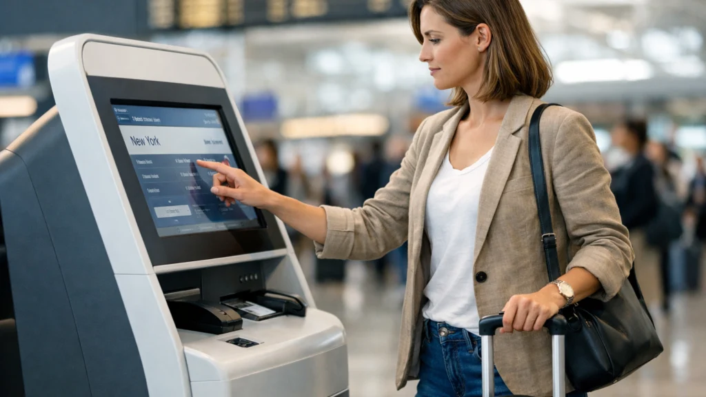 Putnik s ručnim koferom koristi samoposlužni check-in