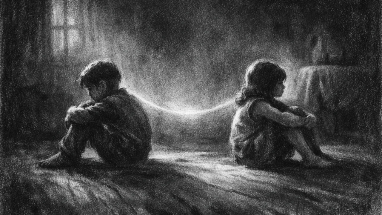 Dvoje generičkih likova u tihom emocionalnom trenutku, naglasak na rastanku i sjećanju, charcoal film noir stil, visoki kontrast i sjene