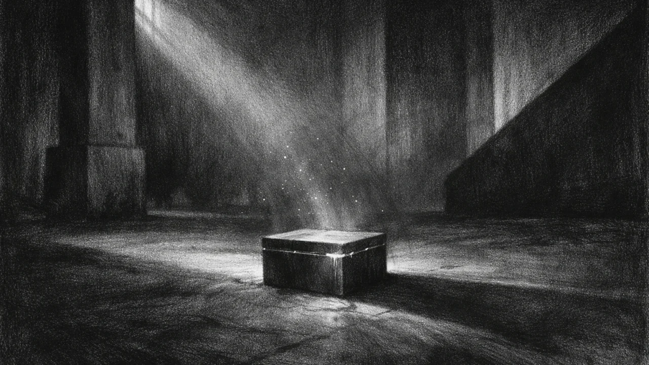 Simbolično okruženje s kutijom u mračnoj prostoriji, osjećaj završetka i novog početka, charcoal film noir stil, crno-bijela atmosfera