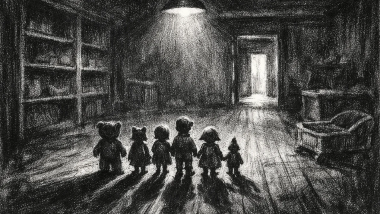 Filmski poster s grupom silueta u praznoj prostoriji, snažan osjećaj oproštaja i odrastanja, charcoal film noir stil, crno-bijelo, duboke sjene