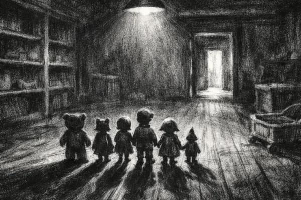 Filmski poster s grupom silueta u praznoj prostoriji, snažan osjećaj oproštaja i odrastanja, charcoal film noir stil, crno-bijelo, duboke sjene