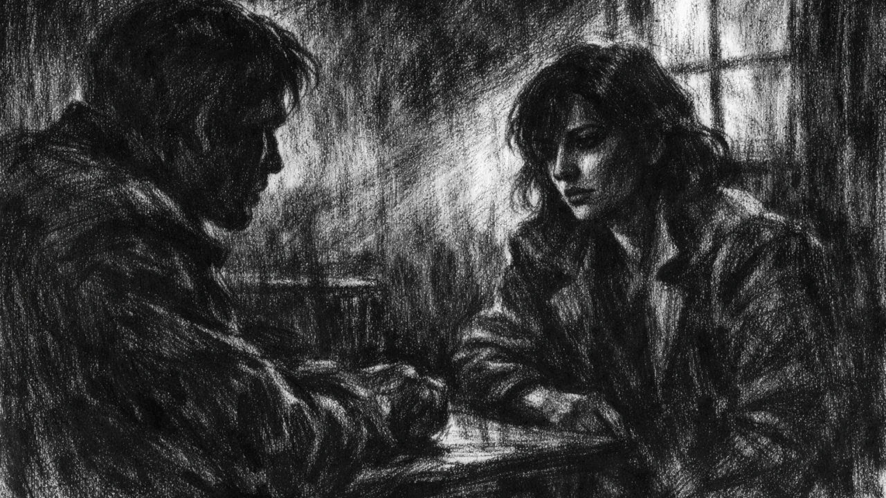 Dvoje ljudi u tihom razgovoru u mračnoj prostoriji, izražene sjene i psihološka napetost u charcoal film noir stilu.