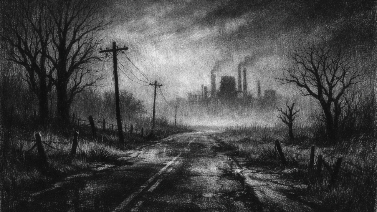 Prazan ruralni krajolik s cestom i maglom, osjećaj izolacije i propadanja prikazan u charcoal film noir stilu.