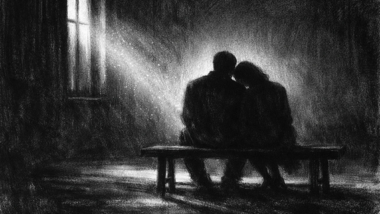 Intimna scena dvoje ljudi u tišini, naglašene sjene i svjetlo, izvedeno u charcoal film noir stil s emotivnim, suzdržanim ugođajem.