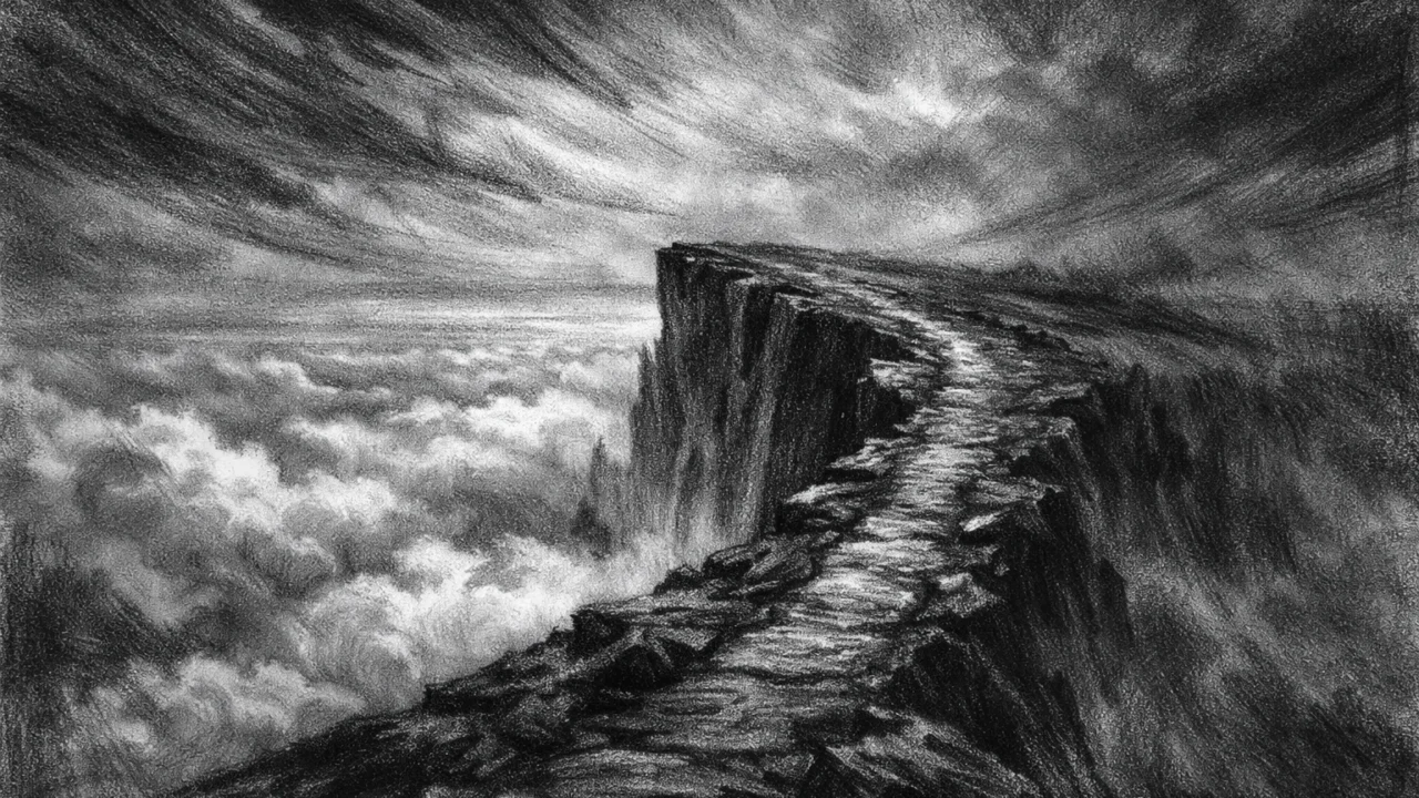 Simboličan krajolik s liticom iznad oblaka, mračan i poetičan, prikazan u charcoal film noir stil s osjećajem slobode i introspekcije.