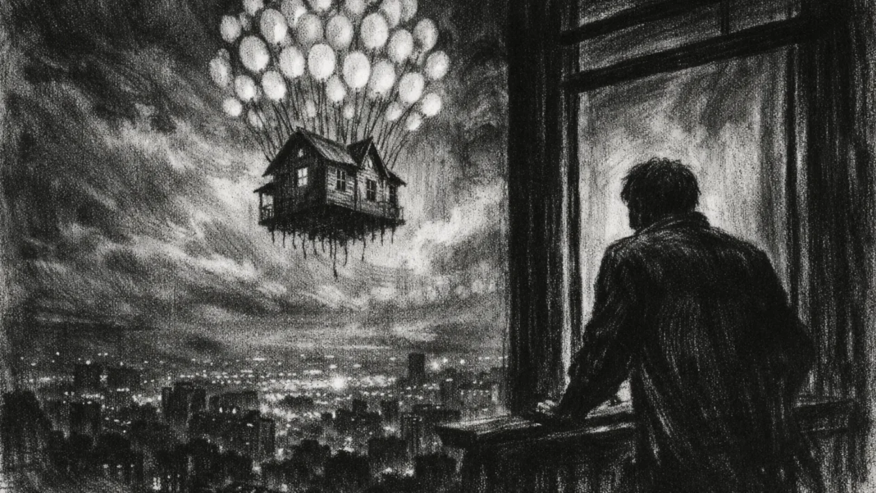 Cinematični poster s lebdećom kućom i siluetom usamljene osobe, izrađen u charcoal film noir stil, crno-bijelo, snažni kontrasti i melankolična atmosfera.