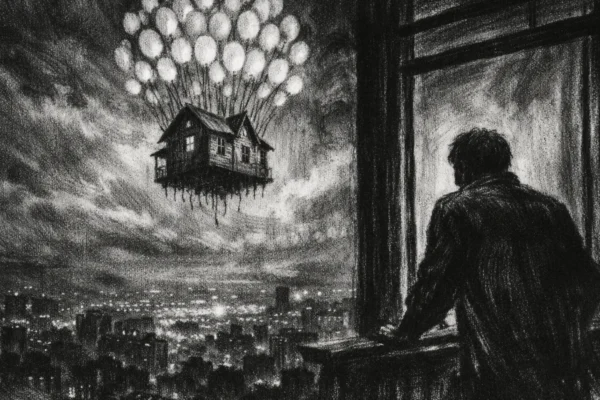 Cinematični poster s lebdećom kućom i siluetom usamljene osobe, izrađen u charcoal film noir stil, crno-bijelo, snažni kontrasti i melankolična atmosfera.