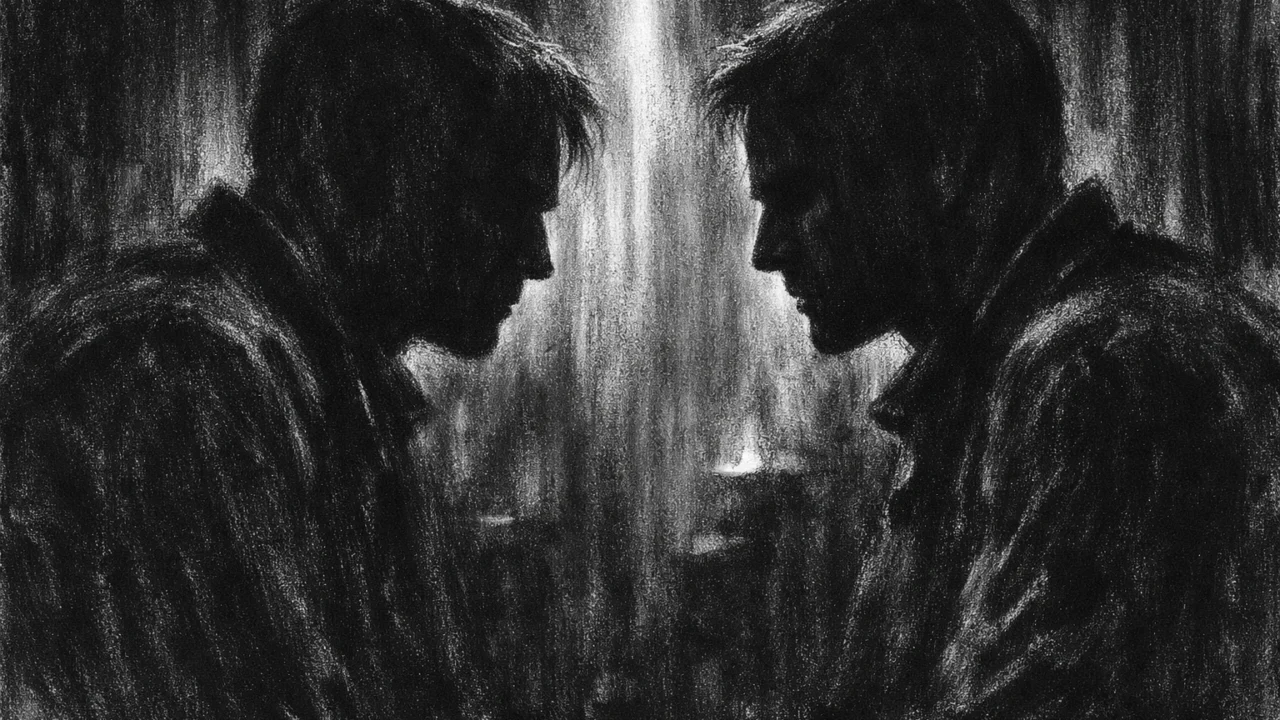 Dvije siluete suočene u mračnom interijeru, osjećaj dvojakosti i nelagode, izraženo svjetlo i sjena u charcoal film noir stilu.