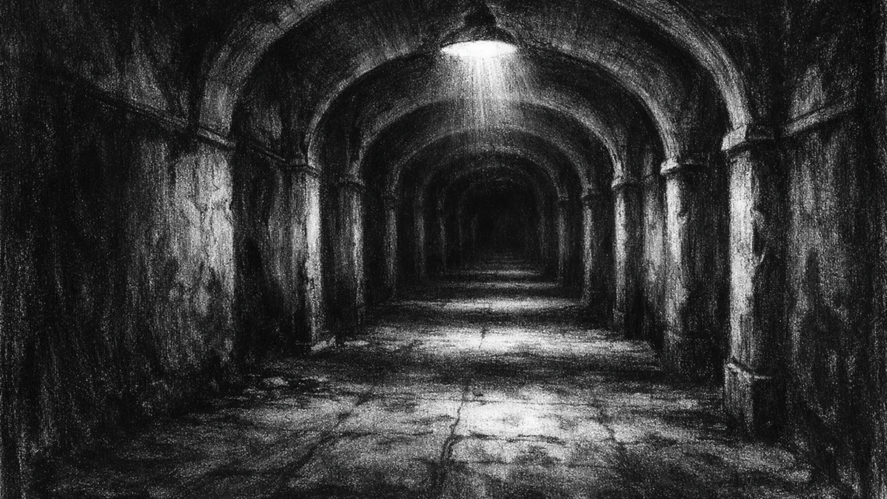 Simboličan podzemni hodnik s ponavljajućim lukovima i dubokim sjenama, mračna i sugestivna scena u charcoal film noir stilu.