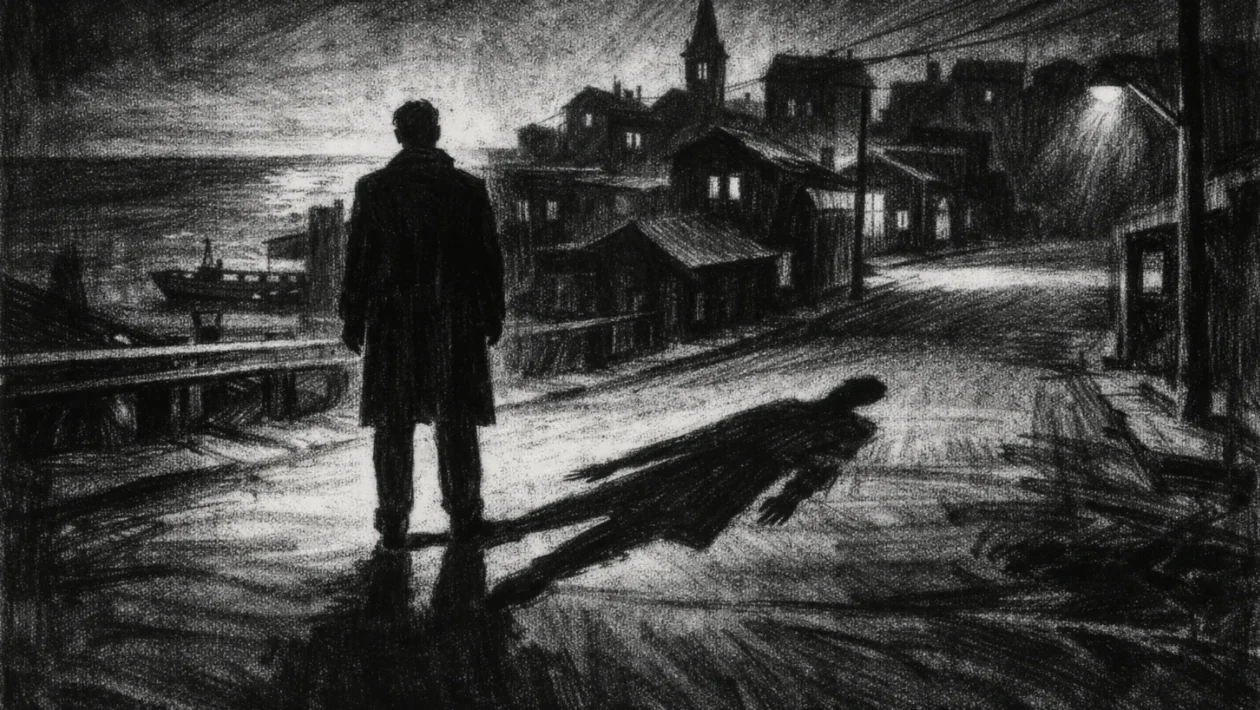 Filmski poster s usamljnom figurom u obalnom gradiću, snažne sjene i tjeskobna atmosfera, charcoal film noir stil u crno-bijeloj estetici.
