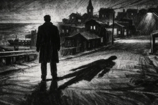 Filmski poster s usamljnom figurom u obalnom gradiću, snažne sjene i tjeskobna atmosfera, charcoal film noir stil u crno-bijeloj estetici.