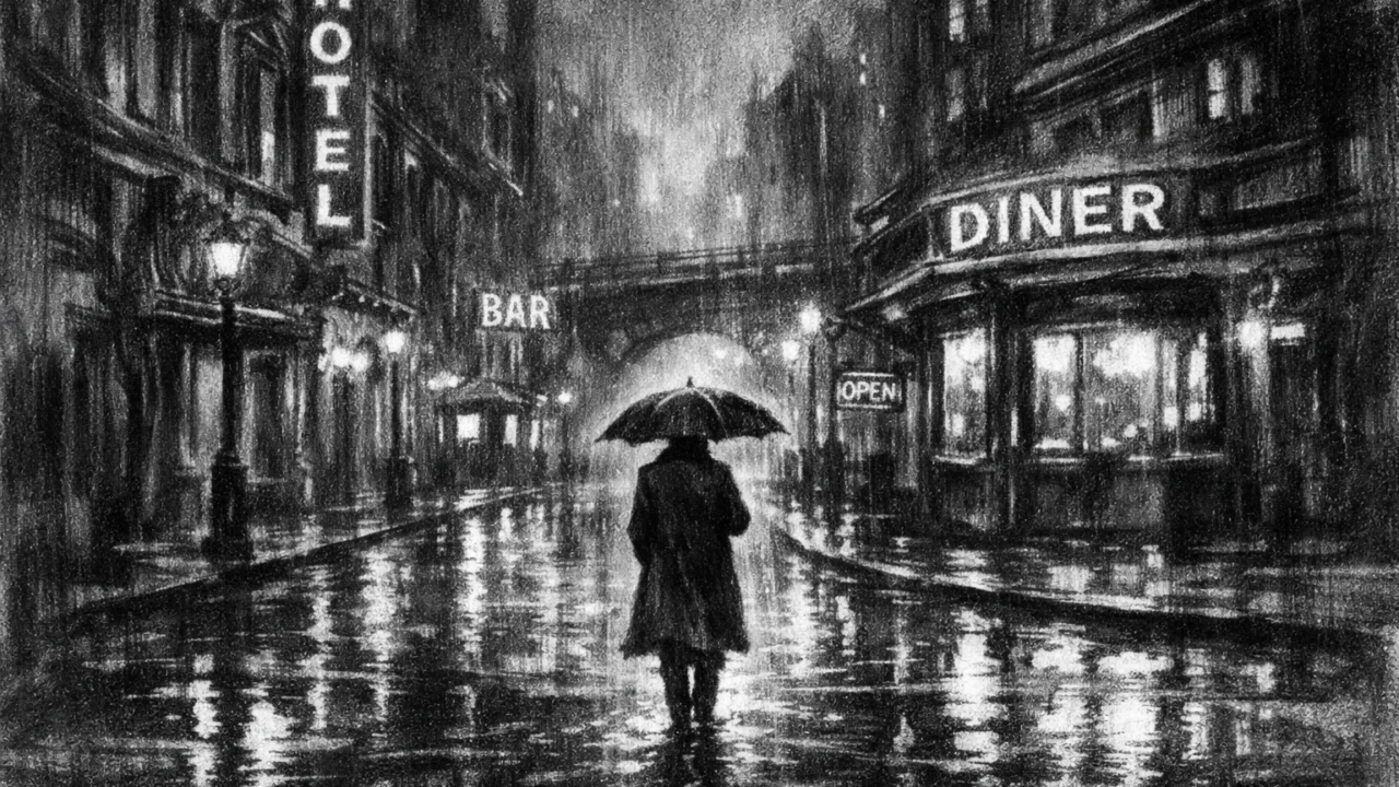 Atmosferska urbana ilustracija u charcoal film noir stilu