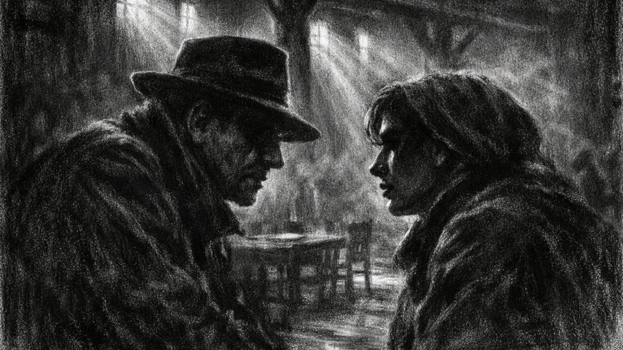 Dvoje ljudi u tihom razgovoru unutar mračne dvorane, intimna scena u charcoal film noir stilu s jakim kontrastom i sjenama.