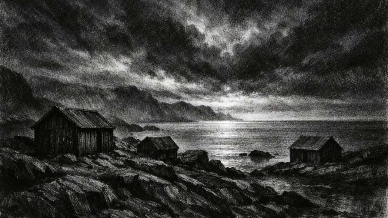 Atmosferski sjeverni krajolik bez ljudi, dramatična obala i tamni oblaci u charcoal film noir stilu, crno-bijela slika snažnog ugođaja.