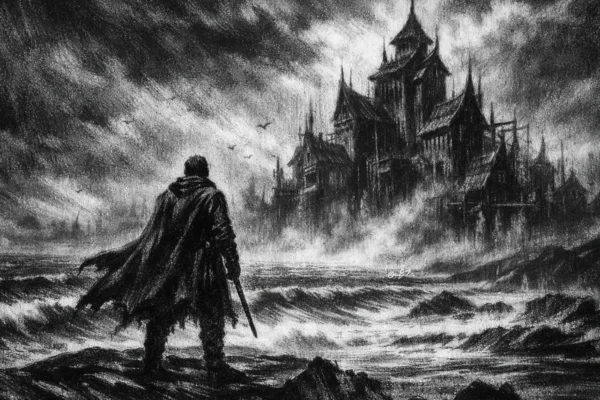 Kinematografski poster s usamljenom figurom na obali, mračna atmosfera u charcoal film noir stilu, crno-bijelo s dubokim sjenama i snažnim kontrastom.