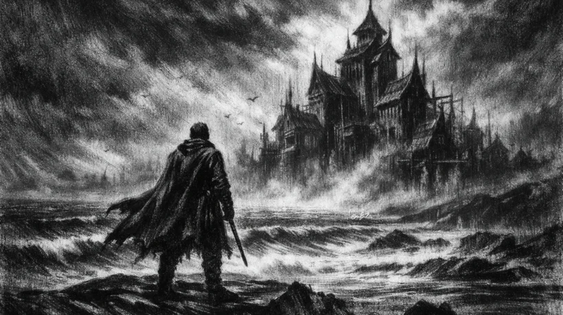 Kinematografski poster s usamljenom figurom na obali, mračna atmosfera u charcoal film noir stilu, crno-bijelo s dubokim sjenama i snažnim kontrastom.