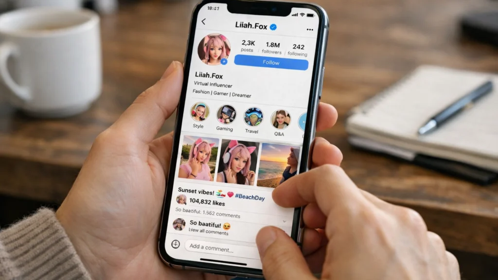 Virtualni influencer prikazan na Instagram profilu korisnika