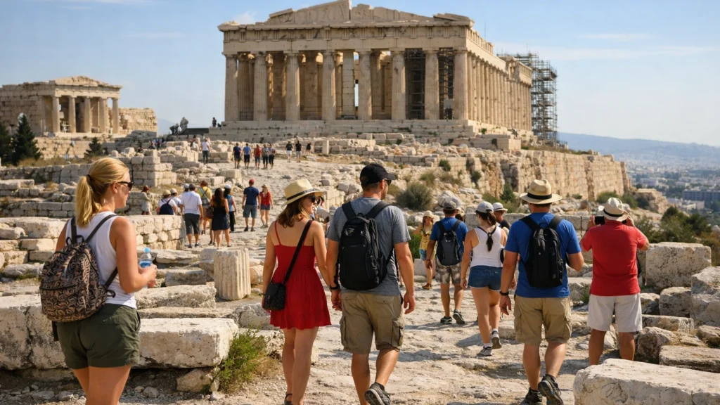 Turisti na atenskoj Akropoli među antičkim ruševinama