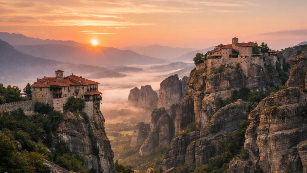 Samostani Meteora u jutarnjem svjetlu, kulturna atrakcija Grčke
