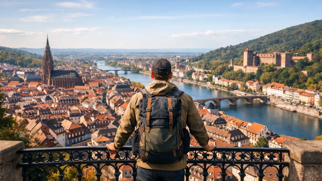 Solo putnik promatra grad s vidikovca, simbol slobode i sigurnog samostalnog putovanja