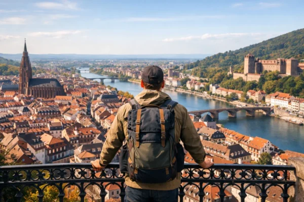 Solo putnik promatra grad s vidikovca, simbol slobode i sigurnog samostalnog putovanja