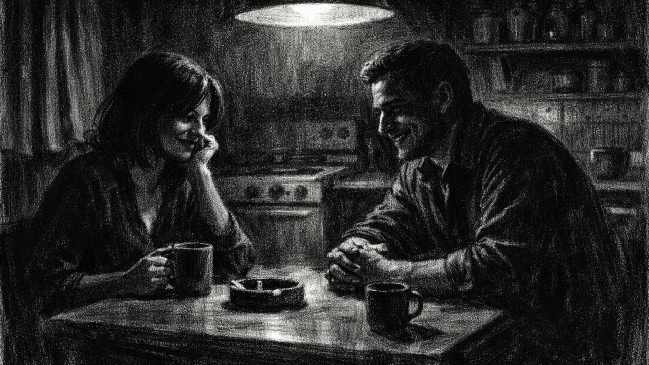 Intimni razgovor dvoje ljudi u kuhinji, charcoal film noir stil, crno-bijela slika s jakim svjetlom i sjenama koje naglašavaju emocionalnu napetost.