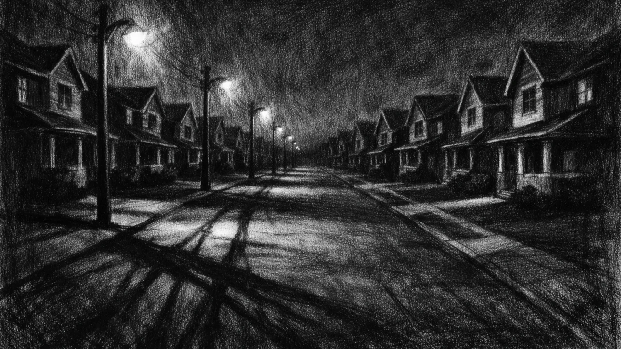 Prazna prigradska ulica noću u charcoal film noir stilu, ponavljajuće kuće, duboke sjene i tjeskobna, simbolična atmosfera.