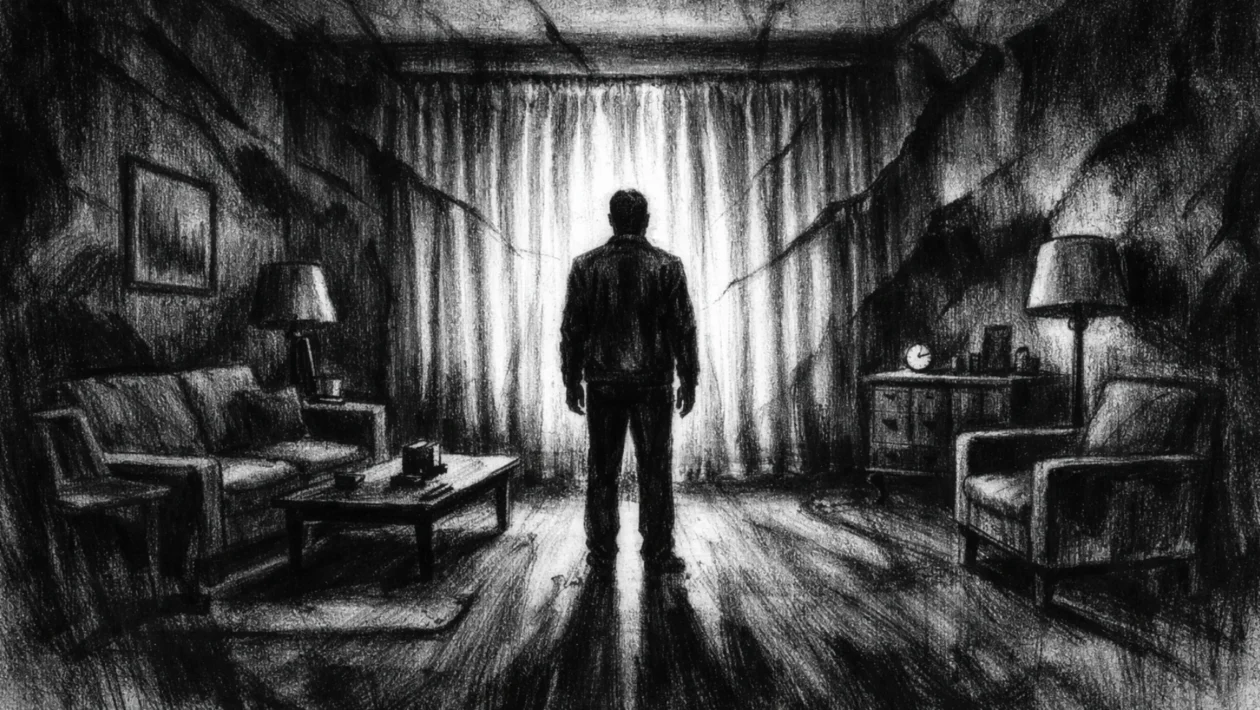 Plakatna scena u charcoal film noir stilu, usamljena figura u sablasno mirnoj dnevnoj sobi, snažni kontrasti, duboke sjene i melankolična atmosfera.