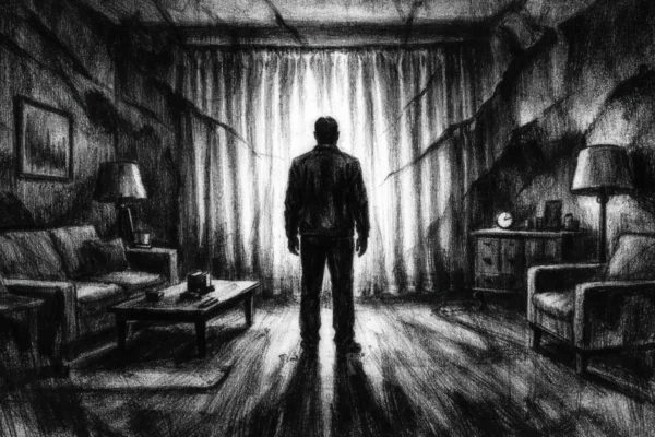 Plakatna scena u charcoal film noir stilu, usamljena figura u sablasno mirnoj dnevnoj sobi, snažni kontrasti, duboke sjene i melankolična atmosfera.
