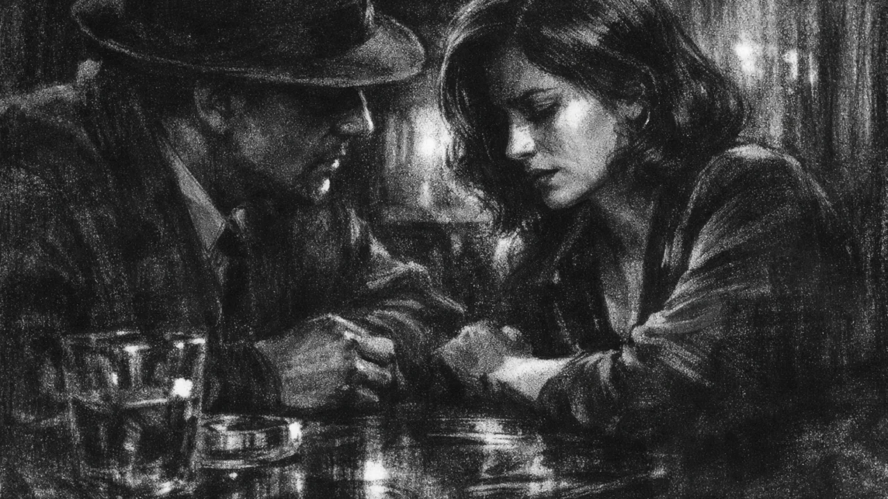 Dvoje ljudi u tihom razgovoru u mračnom interijeru, izražene sjene i napetost, crno-bijeli prikaz u charcoal film noir stil.