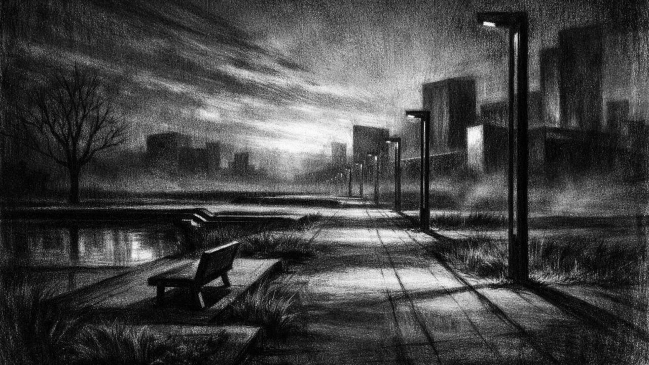 Prazno futurističko okruženje s geometrijskom arhitekturom u sumraku, melankolična atmosfera, prikazano u charcoal film noir stil.