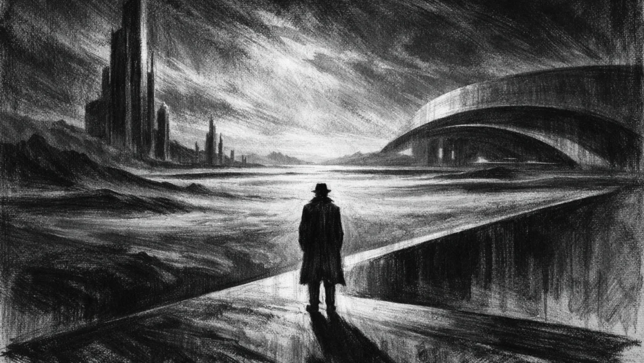 Filmski poster s usamljnom figurom u futurističkom krajoliku, crno-bijeli crtež ugljenom u charcoal film noir stil, snažni kontrasti i duboke sjene.