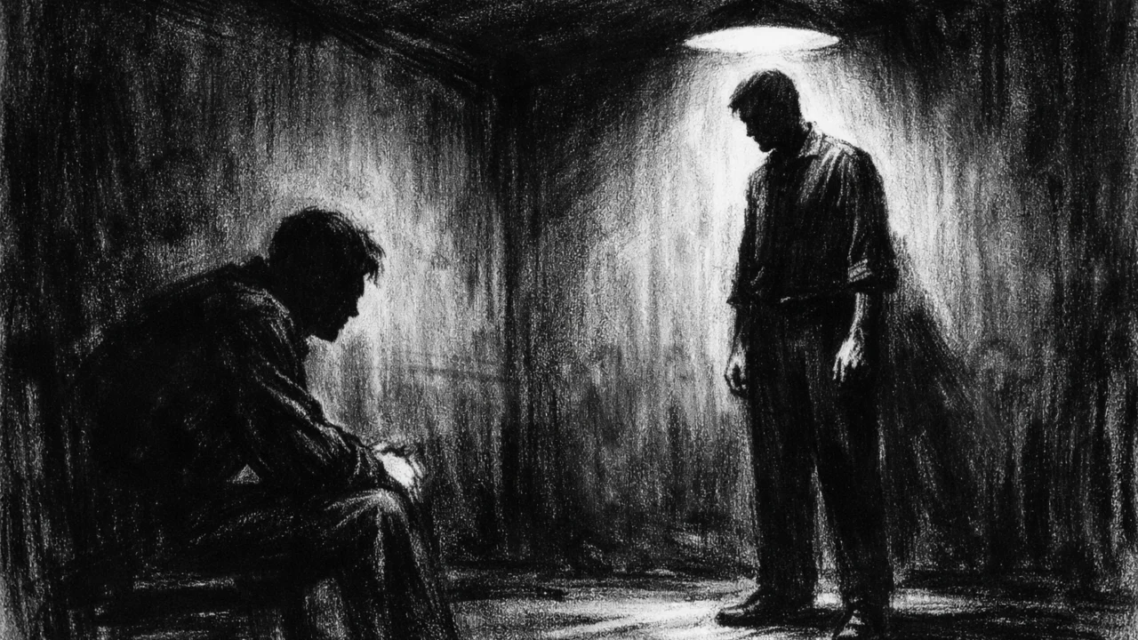 Intenzivna scena sukoba u charcoal film noir stilu: dvije osobe u mračnoj prostoriji, oštra rasvjeta i guste sjene naglašavaju psihološki pritisak i nelagodu.